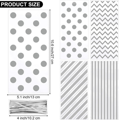 Aodaer 100 Pieces 10.6 x 5.1 In White Cellophane Bags Plastic Candy Gift Bag Cellophane Treat Bags with Twist Ties Stripes Polka Dot Printed Pattern Goodie Bag for Birthday Weddings Party Favors
