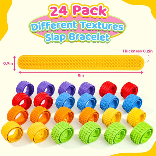 24 Pcs Fidget Toys for Kids Bulk: Sensory Silicone Slap Bracelets, Quiet Travel Toys for Car Rides & Airplanes, Classroom Rewards, Summer Camp Prizes, Party Favors & Goodie Bag Stuffers