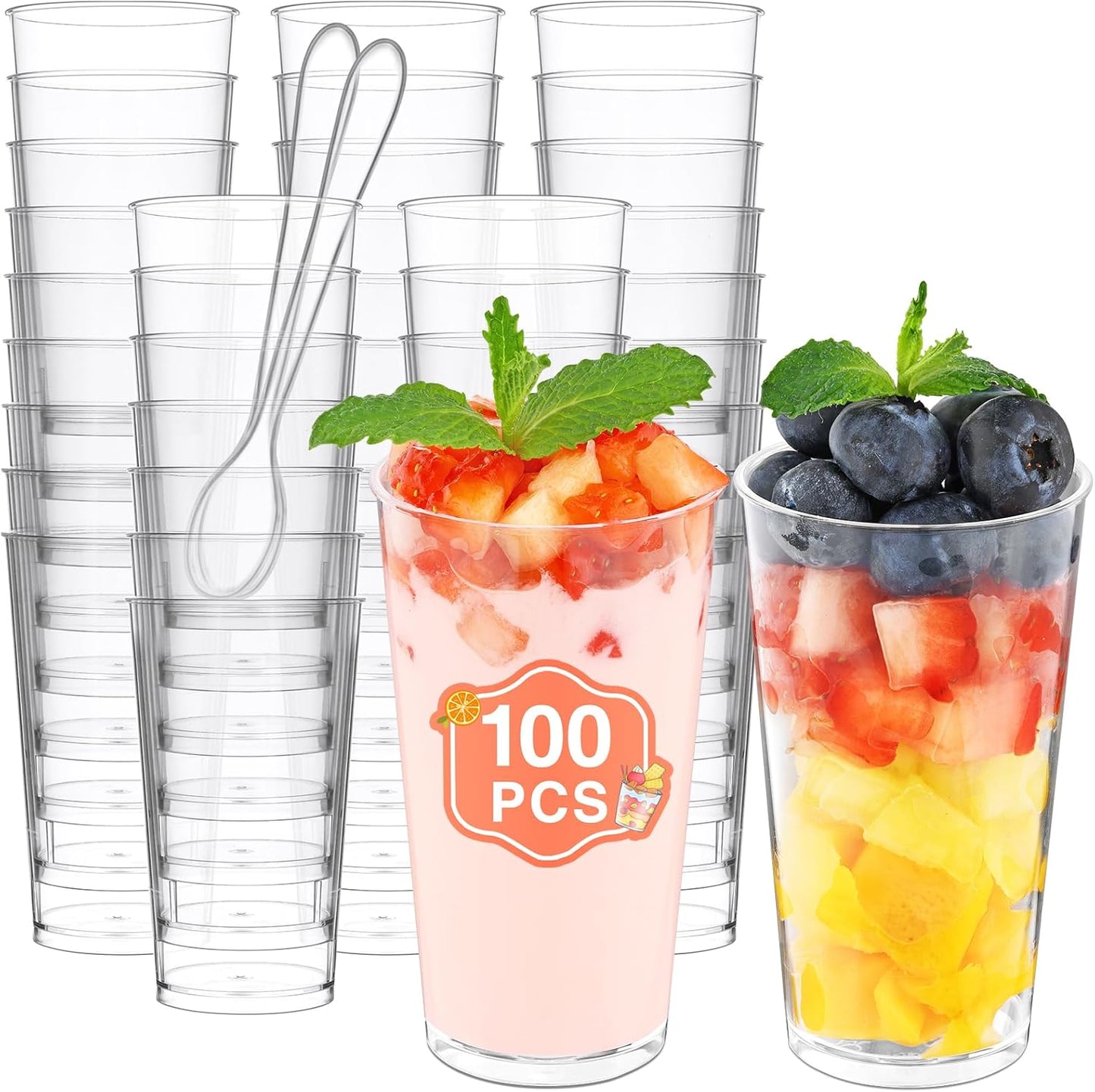 Eupako 3 oz Plastic Dessert Shooter Cups with Spoons - 100 Pack Mini Clear Slanted Appetizer Cup, Small Dessert Cup for Jello Shots, Parfait, Puddings, Mousse