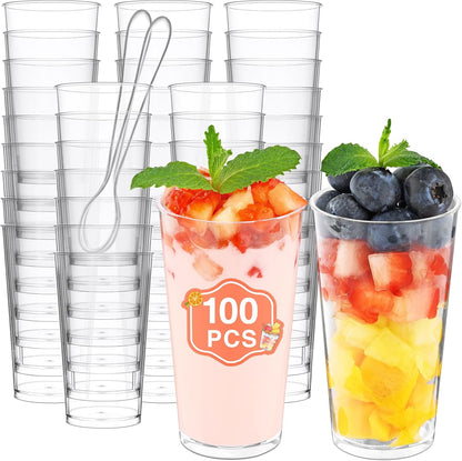 Eupako 3 oz Plastic Dessert Shooter Cups with Spoons - 100 Pack Mini Clear Slanted Appetizer Cup, Small Dessert Cup for Jello Shots, Parfait, Puddings, Mousse