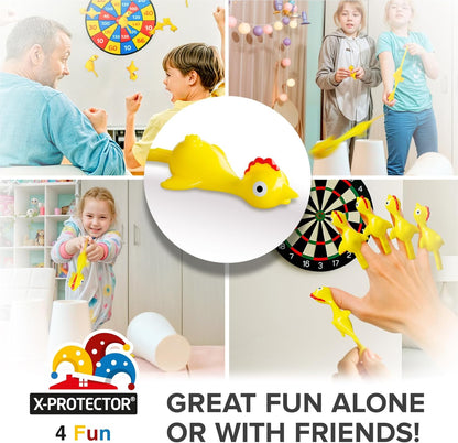 X-Protector Rubber Chicken Slingshot - 12 PCS Pack - Flying Finger Slingshot - Yellow Chicken Flingers Sling Shot Toys for Kids - Funny Adult Pinata Stuffers - Premium Slime for Fingers!