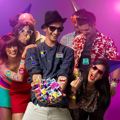 Sinmoe 86 Pcs 80s 90s Party Favors Slap Bracelets Bulk Back to 80s Throwback Theme Party Favors Snap Bracelets with Retro Stickers for Adults Decorations