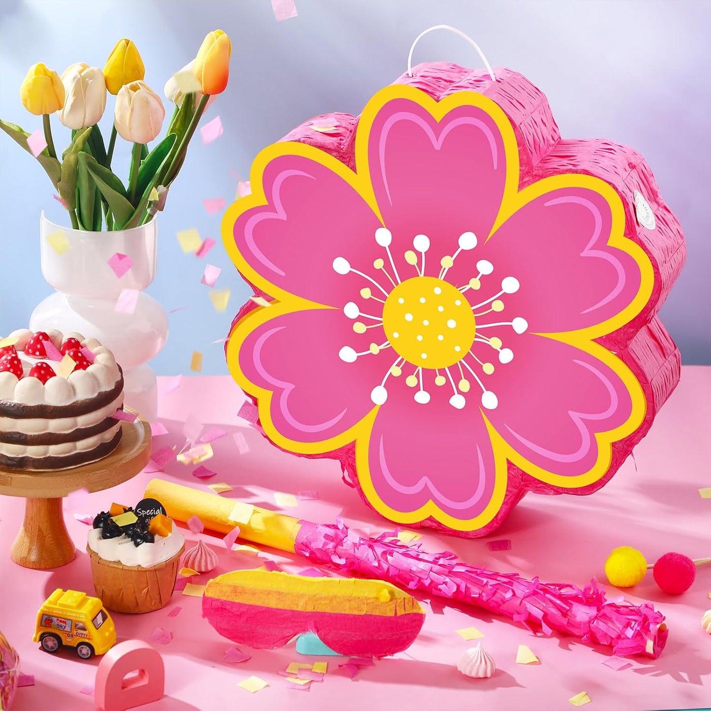 Aoriher Daisy Flower Piñata Set with Blindfold and Bat Pink Flower Piñata Daisy Hippie Boho Game for Birthday Baby Shower Gender Reveal Wedding Floral Mother's Day Princess Party Supplies Decorations