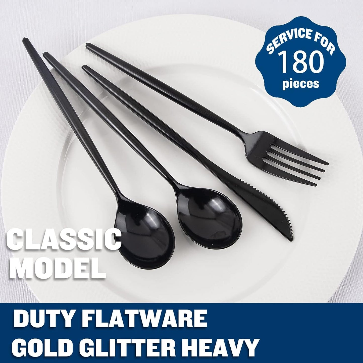 Supernal 180pcs Black Plastic Silverware Set - Heavy Duty Disposable Utensils (60 Forks, 60 Knives, 60 Spoons) - Elegant Black Cutlery for Parties, Weddings & BBQ