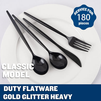 Supernal 180pcs Black Plastic Silverware Set - Heavy Duty Disposable Utensils (60 Forks, 60 Knives, 60 Spoons) - Elegant Black Cutlery for Parties, Weddings & BBQ