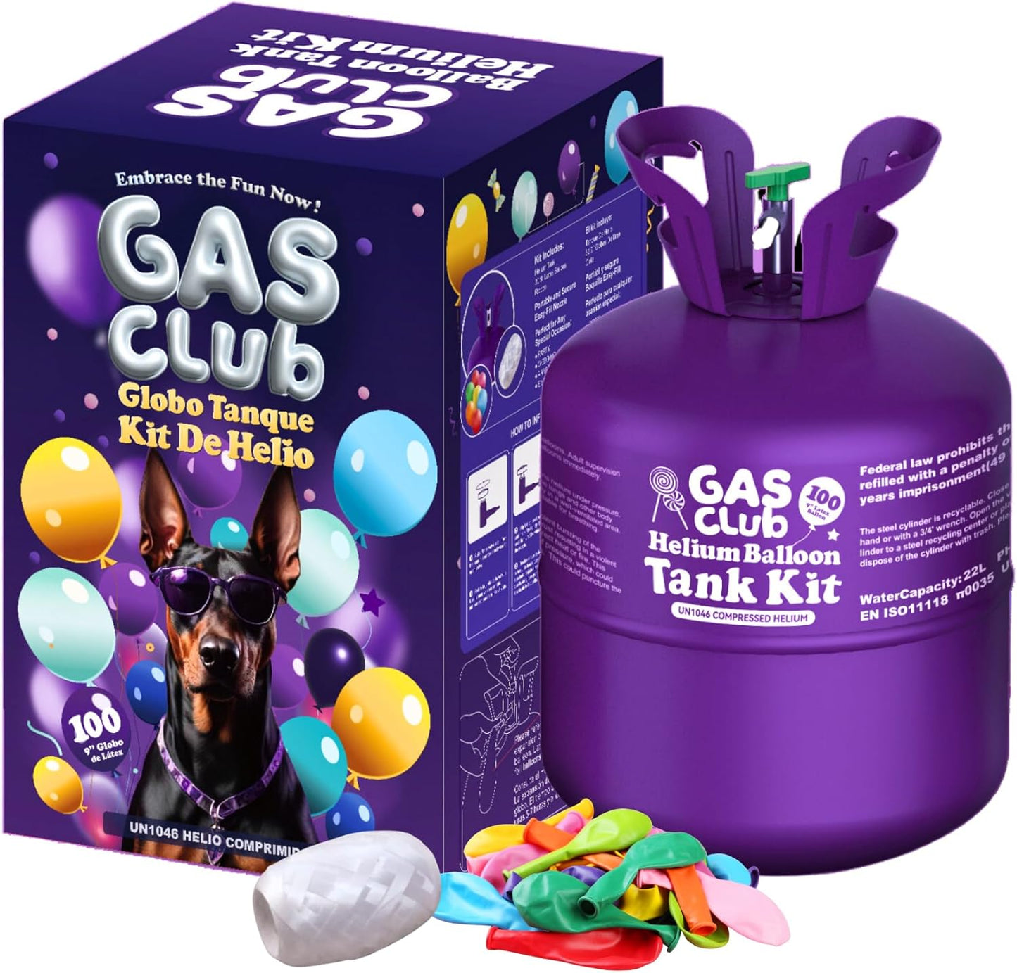 GASCLUB Helium Tank for Balloons At Home, 22L Balloon Kit Up To 100 Latex Balloons, Balloon Pump Kit Includes Latex Balloons and Ribbon, Perfect for Parties and Events