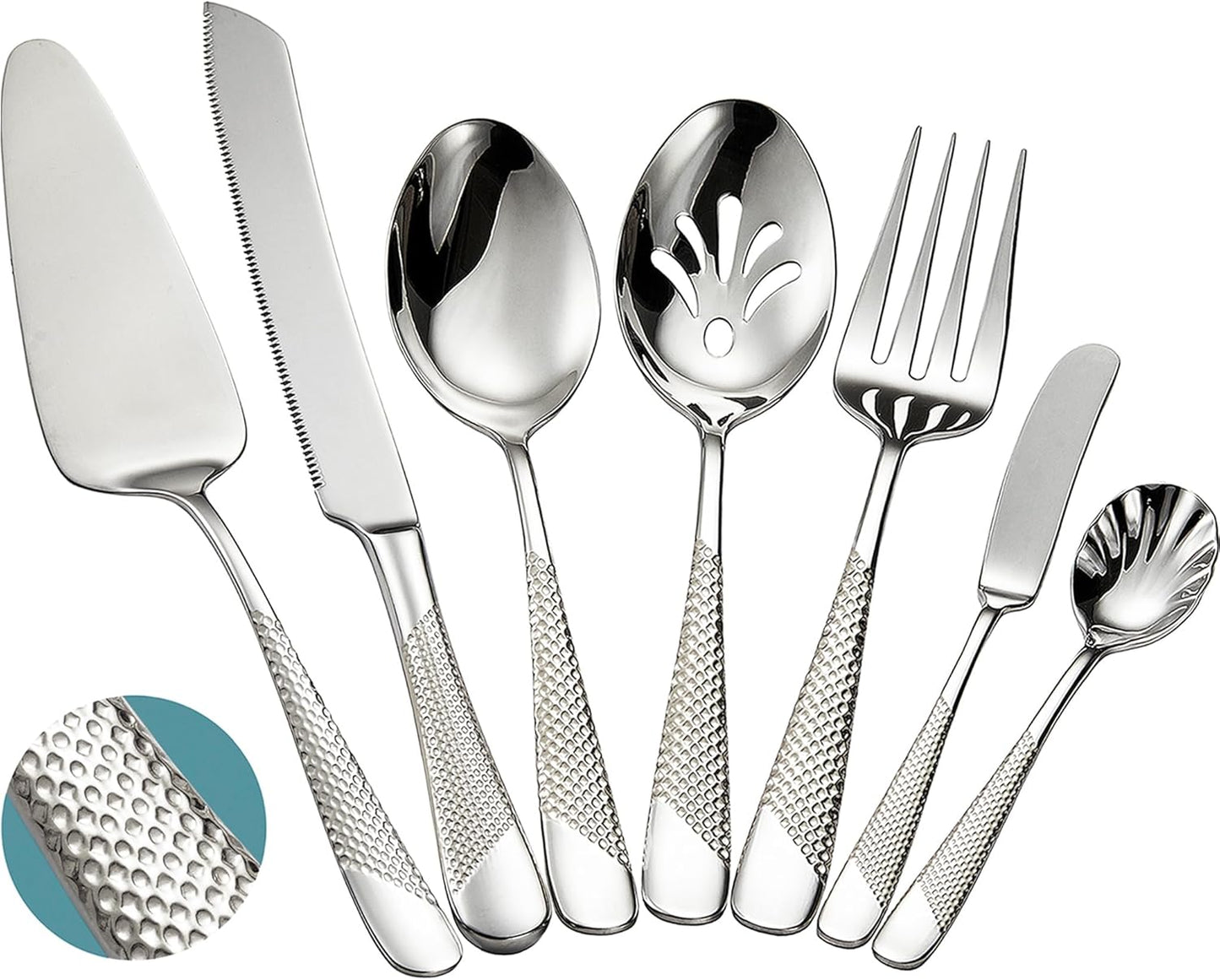 Xideman® 7-Piece Hammered 18/10 Stainless Steel Silverware Serving Utensil Set - Hostess Flatware with Cake Knife & Cake Server (Champagne Gold)