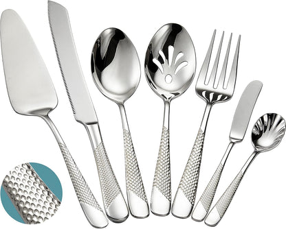Xideman® 7-Piece Hammered 18/10 Stainless Steel Silverware Serving Utensil Set - Hostess Flatware with Cake Knife & Cake Server (Champagne Gold)