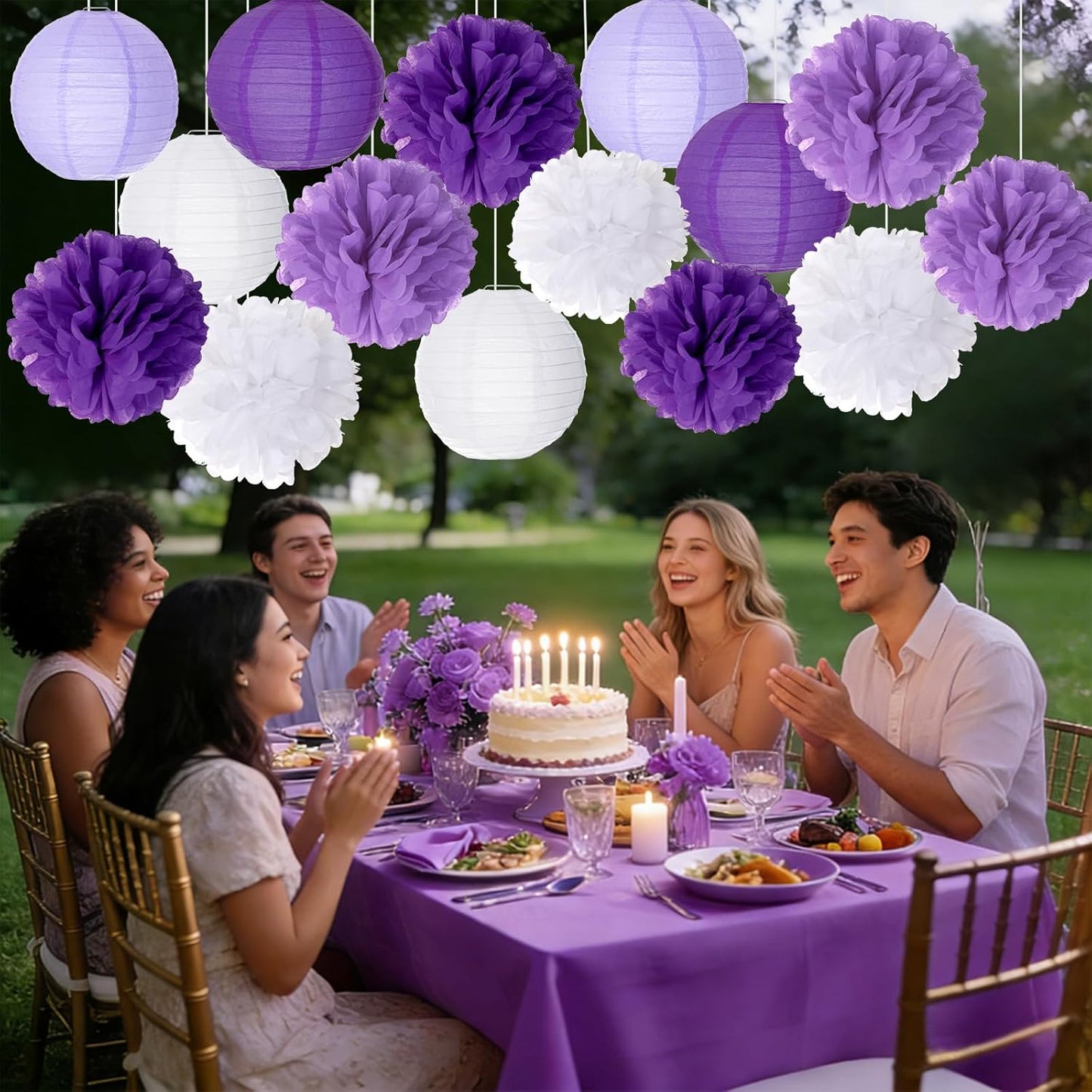Paper Flower Lanterns Tissue Pom Poms Hanging Decorations Purple Flower Ball for Baby Shower Wedding Birthday Graduation Party Mother's Day