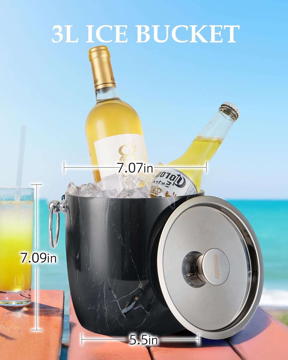 Insulated Ice Bucket, 3L Double Wall Stainless Steel Ice Bucket with Tongs,Lid, Scoop and Strainer, Ice Buckets for Parties,Cocktail Bars, Chilling Beer, Champagne, Wine Bottles,Wood