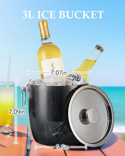 Insulated Ice Bucket, 3L Double Wall Stainless Steel Ice Bucket with Tongs,Lid, Scoop and Strainer, Ice Buckets for Parties,Cocktail Bars, Chilling Beer, Champagne, Wine Bottles,Wood