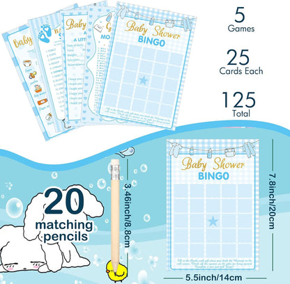 Yinder 145 Pcs Baby Shower Games Activities Cards with 20 Pencils Includes Baby Bingo Description and Wishes Guess Who Price is Right Word Scramble Game(Here Comes the Son)