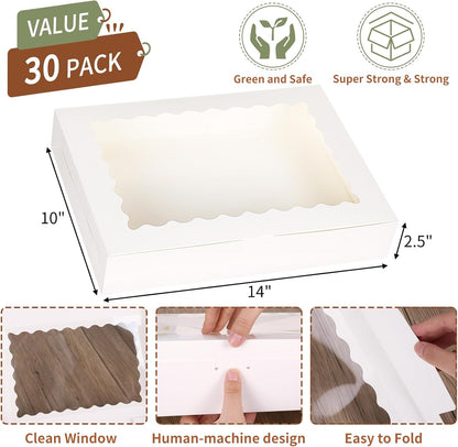 TOMNK 30pcs Cookie Boxes, 14x10x2.5 Inch Large Treat Boxes with Window for Treats, Pies, Chocolate Strawberries Muffins, Donuts, Dessert