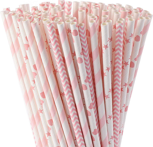 ALINK Biodegradable Pink Paper Straws, Pack of 100 Party Straws for Juice, Cocktail, Smoothies, Birthday, Wedding, Bridal/Baby Shower and Christmas Decorations