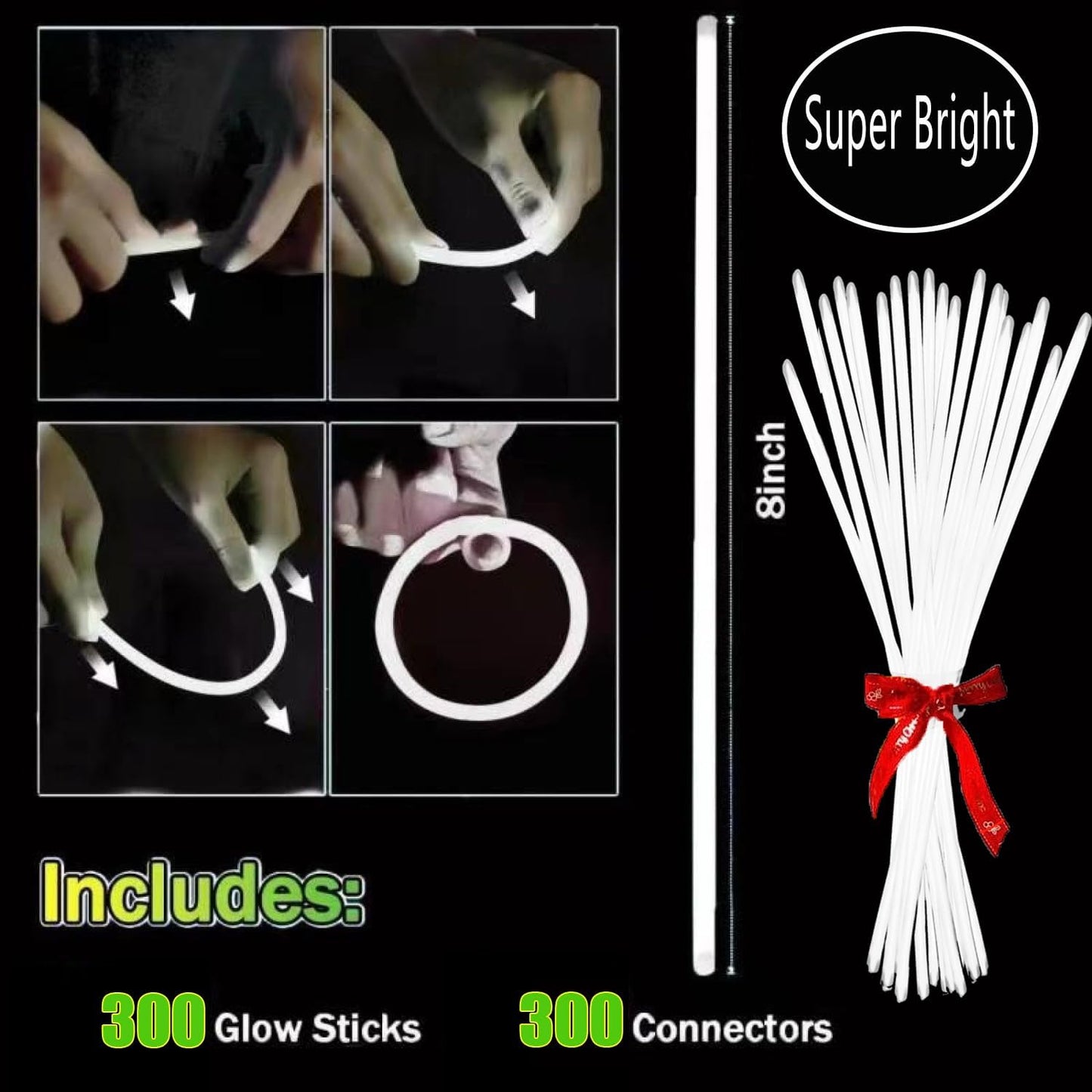 300 PCS Glow Sticks Bulk Glow Bracelet and Necklaces with 150PCS Connectors 8" Glowsticks Light Up Neon Party Favors for July 4th Halloween Wedding Birthday Hawii Carnival(RedBlueWhite)