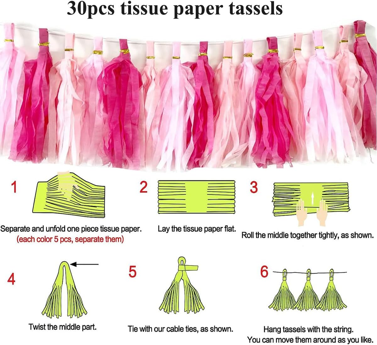 30pcs Paper Tassels Garland Banner Tissue Paper Tassel DIY Hanging Paper Decorations Party Tassel Garland Decor Baby Shower Nursery Wedding Festival Baby Shower Decoration(30, White)
