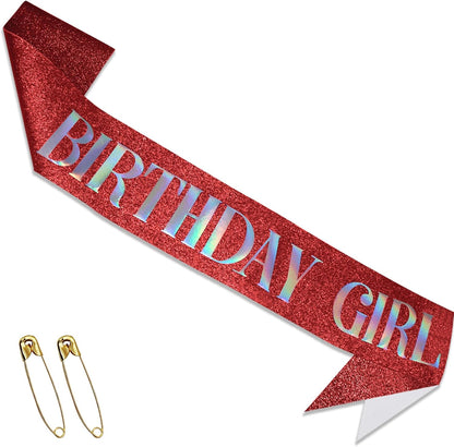 RUDONG M Birthday Girl Sash Glitter - Silver Birthday Sash for Women & Girls | Sweet 16/18th/21st/30th/40th/50th/60th/70th, All-Age Celebration Party Decor