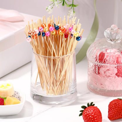 Reallnaive 600 Pcs Cocktail Pick Pearl Fancy Toothpick for Appetizer 4.7 Inch Long Skewer for Drink Fruit Food Bamboo Stick Wedding Bridal Shower Decoration Charcuterie Accessories (White)