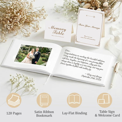Guest Book for All Occasions – White Hardcover with Gold Foil, 120 Acid-Free Blank Pages, Includes Table Sign & Welcome Card | 8.66x6.69 Sign-in Book for Wedding, Party & Memorial
