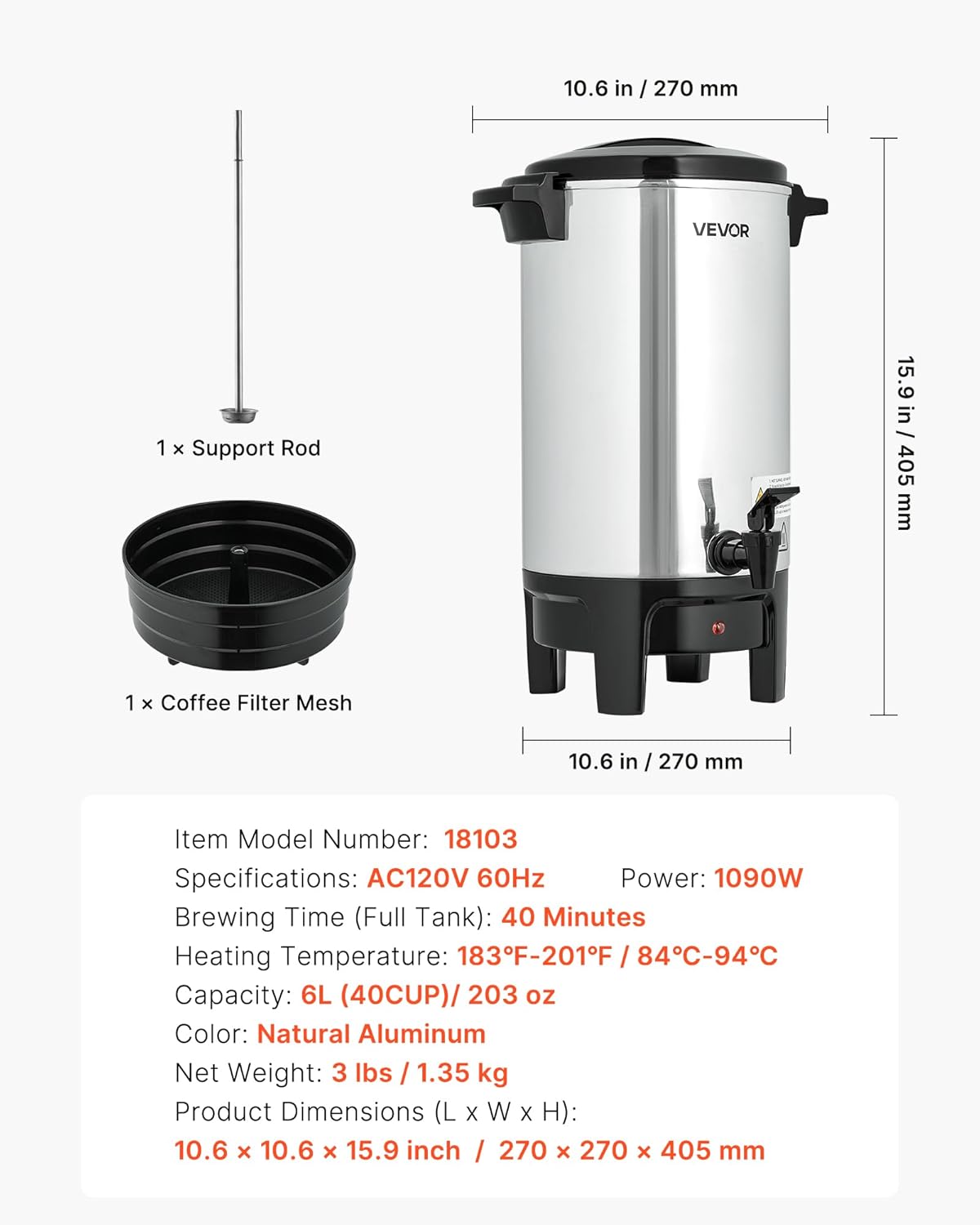 VEVOR Commercial Coffee Urn, 60 Cup 9 L Hot Beverage Dispenser with Dripless Faucet, Quick-Brewing Stainless Steel Large Commercial Coffee Maker, for Catering, Business, Party, Church & Restaurant