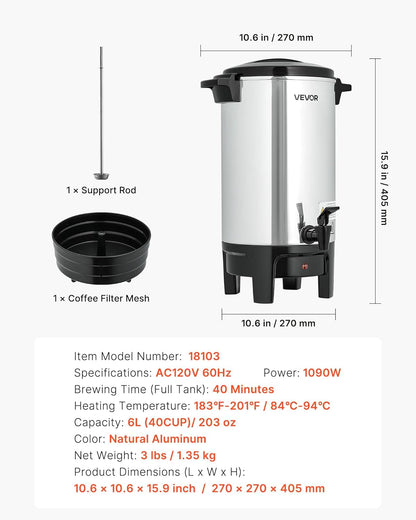 VEVOR Commercial Coffee Urn, 60 Cup 9 L Hot Beverage Dispenser with Dripless Faucet, Quick-Brewing Stainless Steel Large Commercial Coffee Maker, for Catering, Business, Party, Church & Restaurant