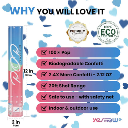 Gender Reveal Confetti Poppers, Blue Confetti Cannon 2 Pack with Heart Shaped Party Confetti for Baby Shower, Birthday, Gender Reveal Party Supplies - 12 inch