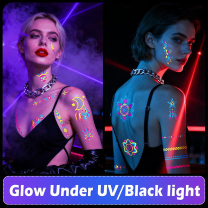 Glow in the Dark Tattoos 256+ PCS – Luminous Party Supplies Neon Body Paint UV Face Temporary Tattoos for Adults Teens, 32 Sheets Neon Accessories Carnival Raves Party Favors & Decorations