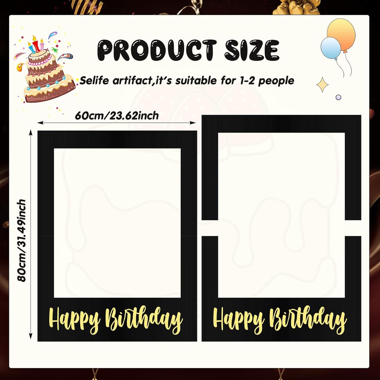 Beeveer 32 x 24 Inch Extra Large Happy Birthday Photo Booth Selfie Frame Props Picture DIY Cutouts Photo Backdrop Cardboard Props for Party Supplies Favors(Vertical,Shiny Gold)