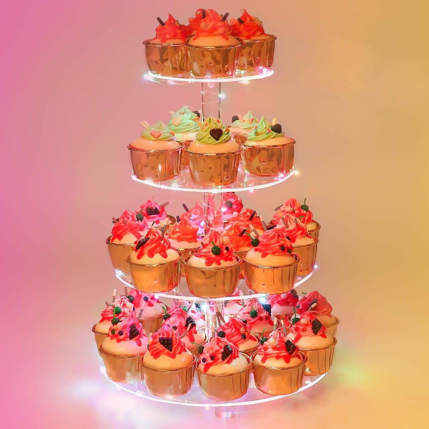 YestBuy Cupcake Stand with Yellow Led Lights, 4 Tier Cupcake Stand for 50 Cupcakes, Acrylic Cupcake Tower Stand, Clear Tiered Cupcake Holder for Birthday Cady Bar Décor Weddings, Parties Events