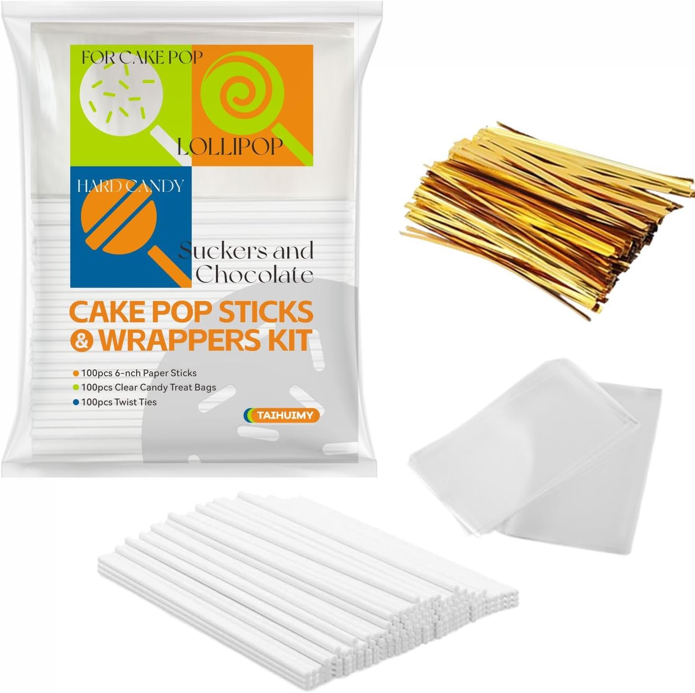 300Pcs 6 Inch(4MM DIA) Cake Pops Sticks,Lollipop Sticks, Cake pop Bags and Wrappers Chocolates and Cookies Set Including 100 Parcel Bags, 100 Papery Treat Stick, 100 Colorful Metallic Twist Ties
