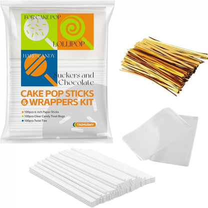 300Pcs 6 Inch(4MM DIA) Cake Pops Sticks,Lollipop Sticks, Cake pop Bags and Wrappers Chocolates and Cookies Set Including 100 Parcel Bags, 100 Papery Treat Stick, 100 Colorful Metallic Twist Ties