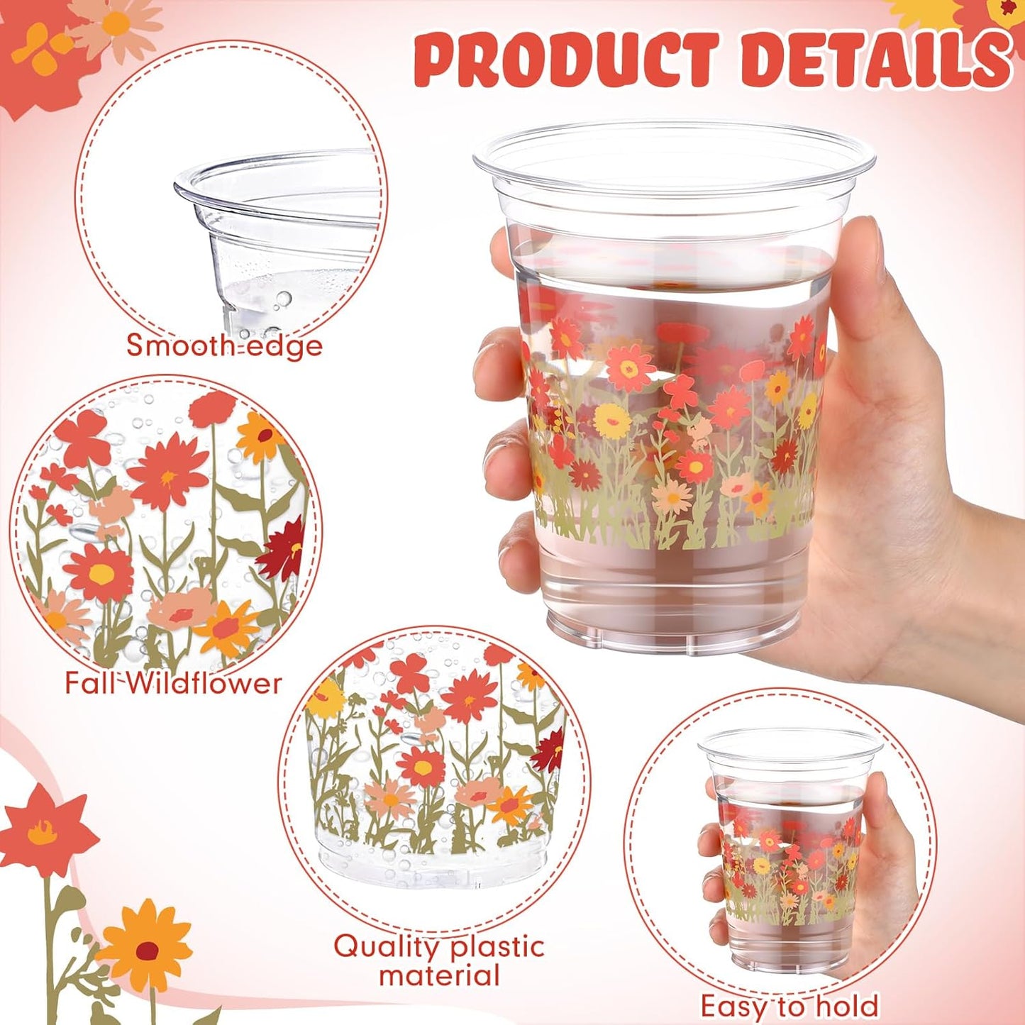 Hushee 60 Pcs Purple Floral Cups with Spring Summer Flower 16 oz Wildflowers Plastic Disposable Drinking Cups for Summer Spring Birthday Baby Shower Wedding Party Supplies