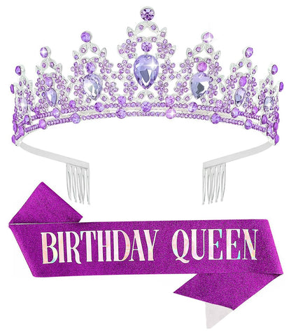 Birthday Tiara Crown with Sash for Women, Headband Hair Accessories for Wedding Party Costume