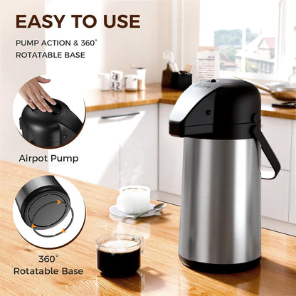 Coffee Carafe for Keeping Hot - Gezoss 102OZ / 3L Airpot Coffee Dispenser with Pump - Large Coffee Carafe for Hot Drinks Tea Liquid - Insulated Stainless Steel Hot Water Beverage Urn for Parties