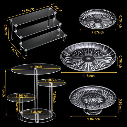 6 Pcs Acrylic Dessert Stands Set Include Display Risers Cupcake Tower and Clear Round Dessert Trays Cake Table Holder for Wedding Baby Shower Decoration(Classic Style)