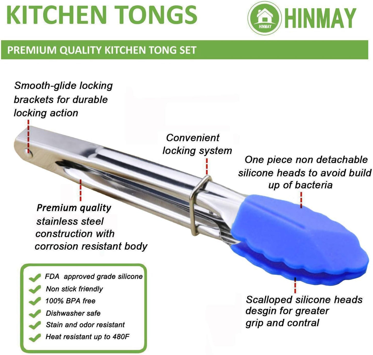 HINMAY Small Tongs with Silicone Tips 7-Inch Mini Serving Tongs, Set of 6 (Green Red Blue Purple Pink Orange)