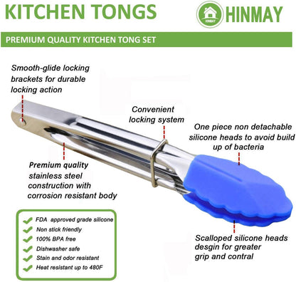 HINMAY Small Tongs with Silicone Tips 7-Inch Mini Serving Tongs, Set of 6 (Green Red Blue Purple Pink Orange)