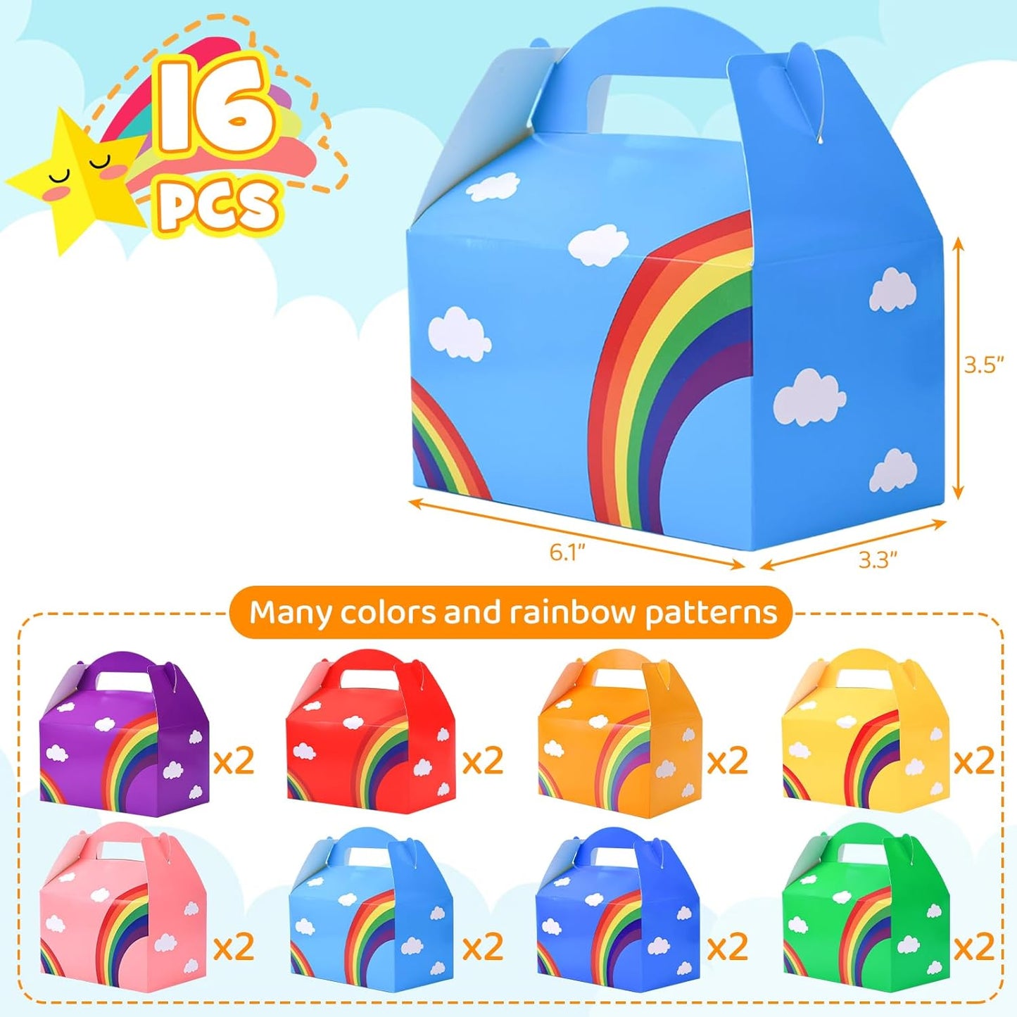 VGOODALL 16PCS Gable Treat Boxes Goodie Bags, 6x3.5x3.5inch Colorful Paper Gift Boxes for Kids Snacks, Candy, Toys, Birthday Party, Wedding