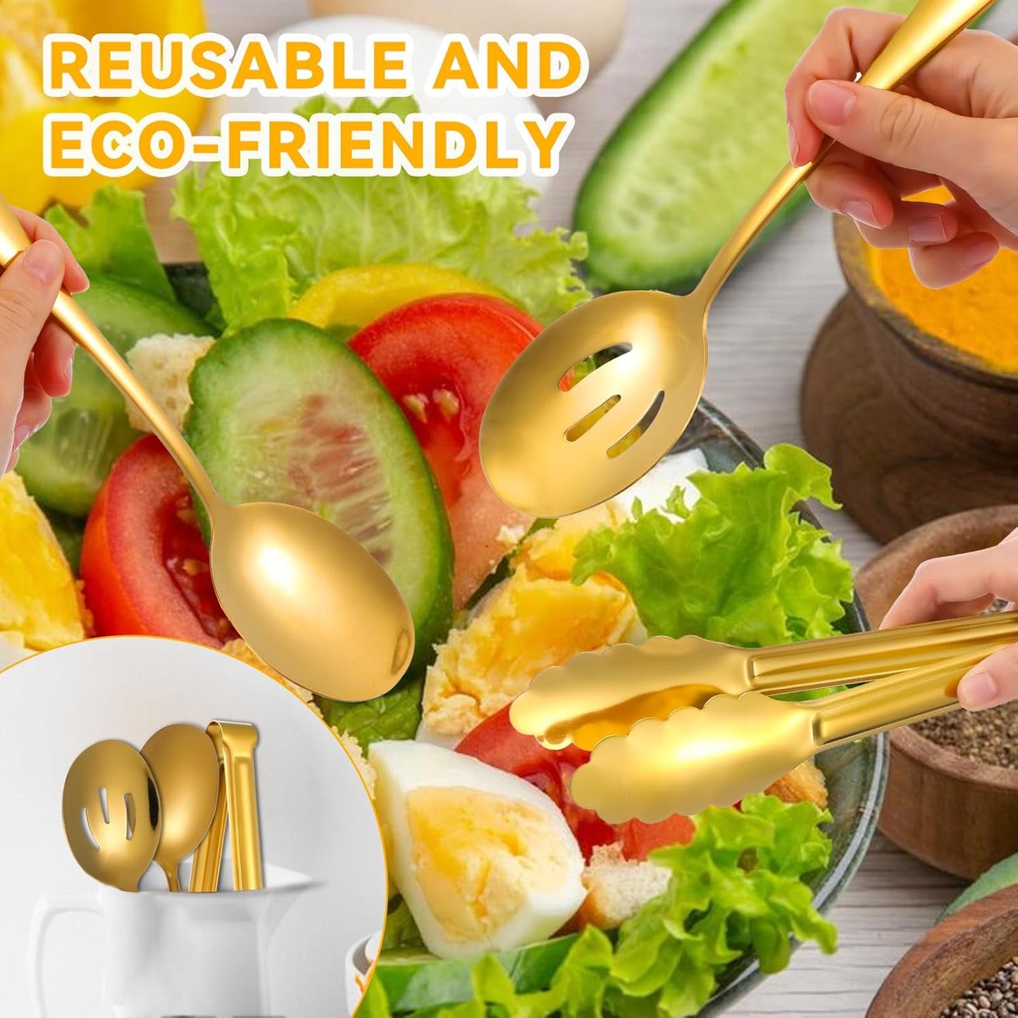 12 PCS Gold Stainless Steel Serving Utensils Sets - Large Serving Spoons,Slotted Spoons,Serving Tongs,Appetizer Tongs,Utensils Sets for Buffet Catering Banquet Party (Gold)