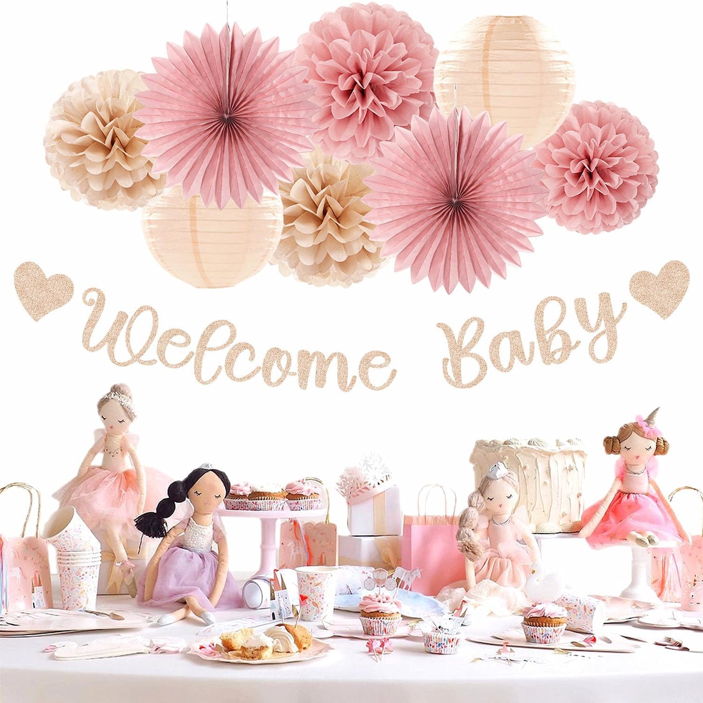 Champagne-Gold Beige Fall Baby-Shower Party-Decorations - 36pcs Welcome Home Banner Sign,Neutral Paper Lanterns,Girl Streamers Garland,Boho Hanging Tissue Pom Poms Flowers Fans Backdrop Decor Burgleda