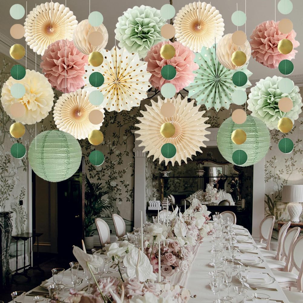 Sage Green and Pink Party Decorations Girl Baby Shower Decor Paper Pom Poms Paper Fans Cicle Dots Garland for Women Girls Pink Sage Green Birthday Baby Shower Bridal Shower Decor