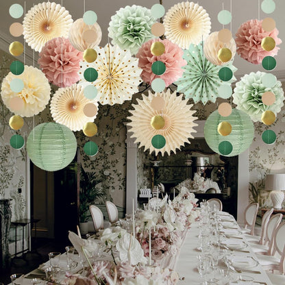 Sage Green and Pink Party Decorations Girl Baby Shower Decor Paper Pom Poms Paper Fans Cicle Dots Garland for Women Girls Pink Sage Green Birthday Baby Shower Bridal Shower Decor