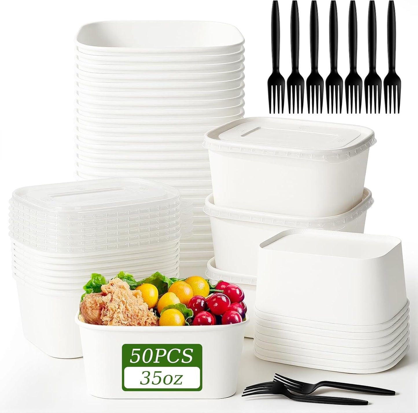 50-Pack 29oz Disposable Kraft Paper Bowls【with Lids and Forks】,Meal Prep Containers Disposable Togo Food Deli Containers for Restaurant Supplies Take Out Containers, Microwave Safe for Hot/Cold Food