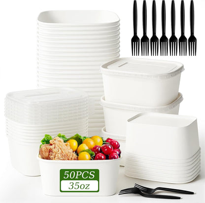 50-Pack 29oz Disposable Kraft Paper Bowls【with Lids and Forks】,Meal Prep Containers Disposable Togo Food Deli Containers for Restaurant Supplies Take Out Containers, Microwave Safe for Hot/Cold Food
