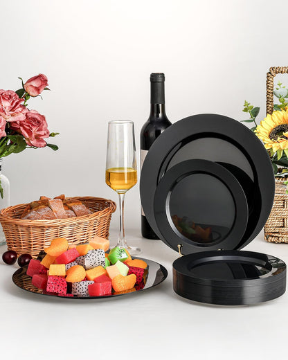 BESTVIP 200PCS Gold Plastic Plate, Disposable Party Plates with 100 Dinner Plates and 100 Dessert Plates, Plastic Plates for Party, Wedding and Birthday