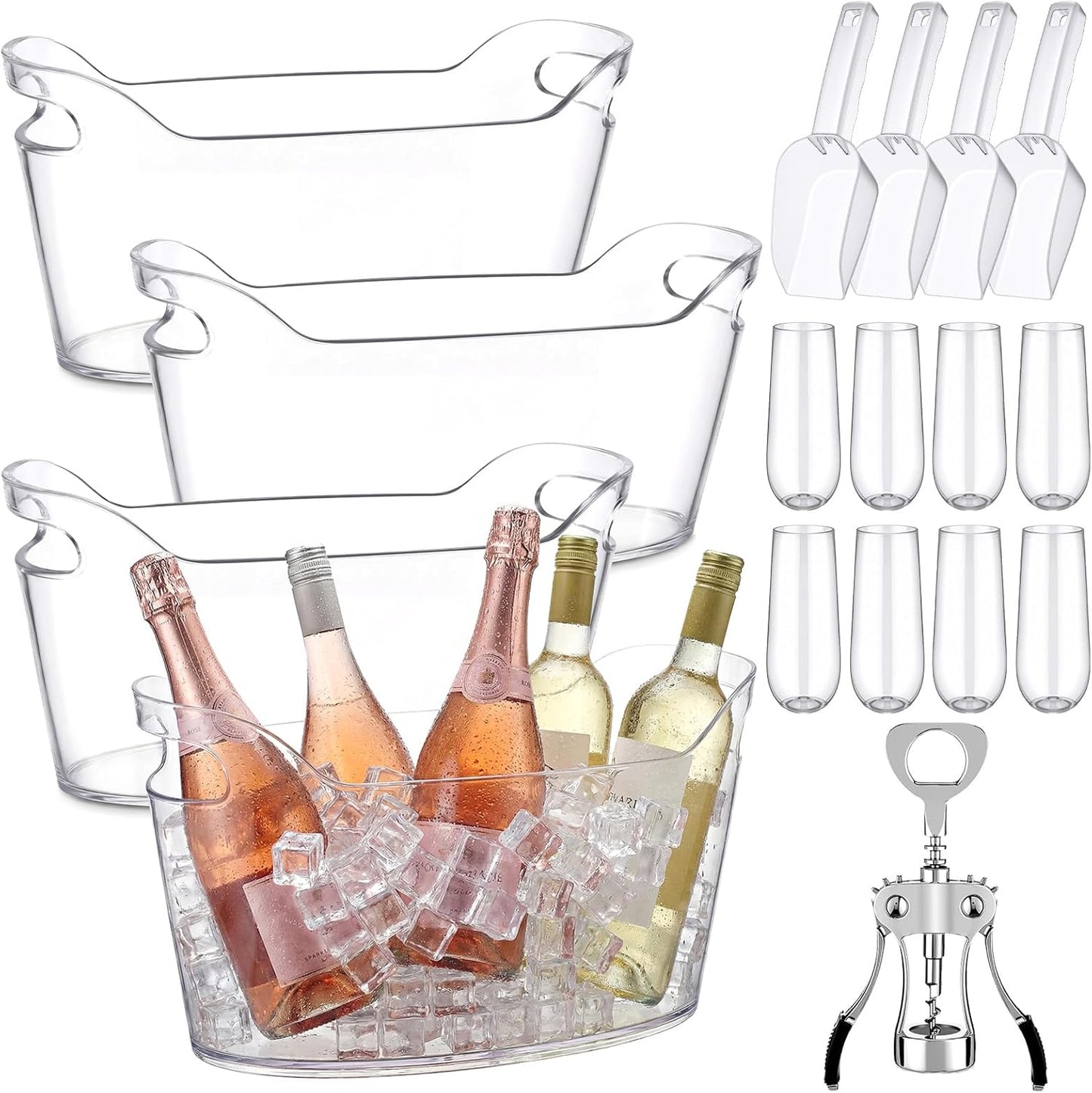 6 Pack 6.5L Clear Ice Buckets for Parties, Large Plastic Beverage Tub Set with Scoops, Champagne Flutes & Wine Opener, Portable Drink Cooler Champagne Bucket for Beer & Mimosa Bar Supplies