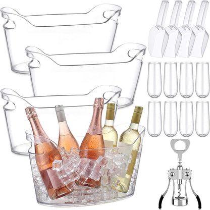6 Pack 6.5L Clear Ice Buckets for Parties, Large Plastic Beverage Tub Set with Scoops, Champagne Flutes & Wine Opener, Portable Drink Cooler Champagne Bucket for Beer & Mimosa Bar Supplies