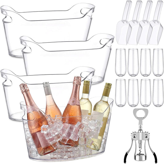 6 Pack 6.5L Clear Ice Buckets for Parties, Large Plastic Beverage Tub Set with Scoops, Champagne Flutes & Wine Opener, Portable Drink Cooler Champagne Bucket for Beer & Mimosa Bar Supplies