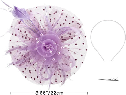 DRESHOW Fascinators Hat Flower Mesh Ribbons Feathers on a Headband and a Clip Tea Party Headwear for Girls and Women - Colors A