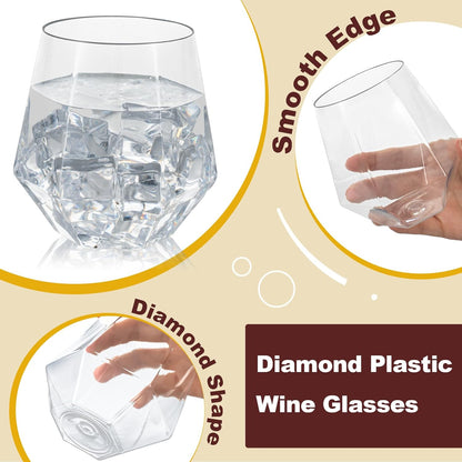 Goodluck 40 PCS Diamond Stemless Plastic Wine Whiskey Glasses, 12 Oz Disposable Cocktail Glasses, Suitable for Weddings, Birthday Parties, Family Gatherings, Bars, etc （Gold rimmed cups）